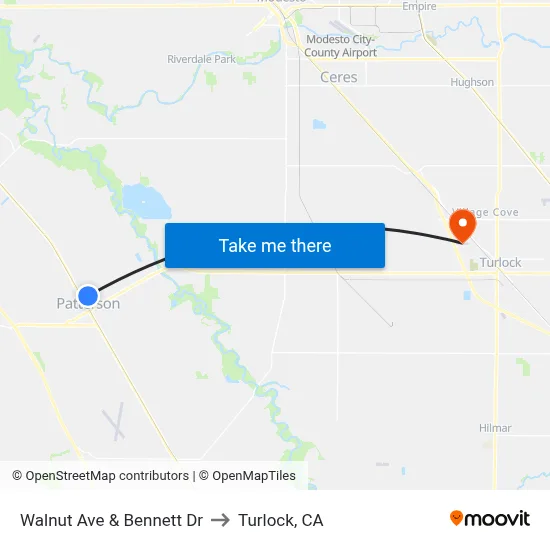Walnut Ave & Bennett Dr to Turlock, CA map