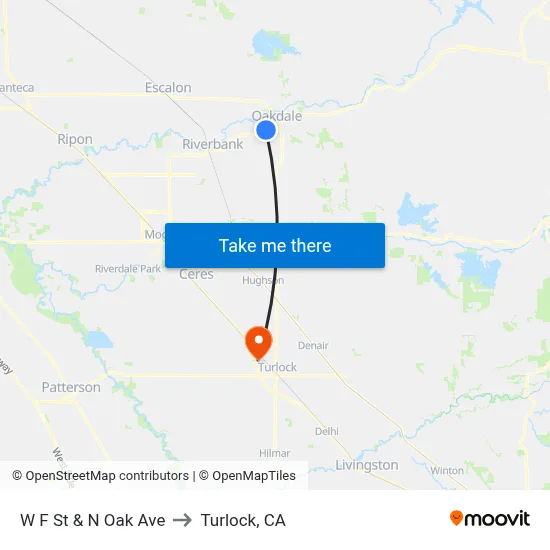 W F St & N Oak Ave to Turlock, CA map