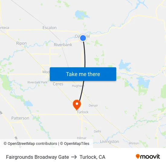 Fairgrounds Broadway Gate to Turlock, CA map