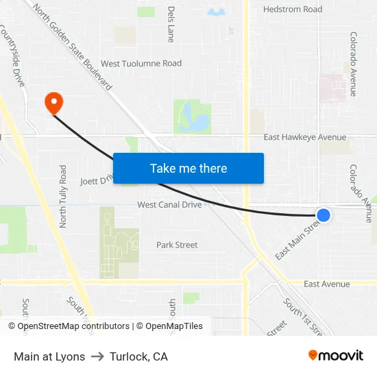 Main at Lyons to Turlock, CA map