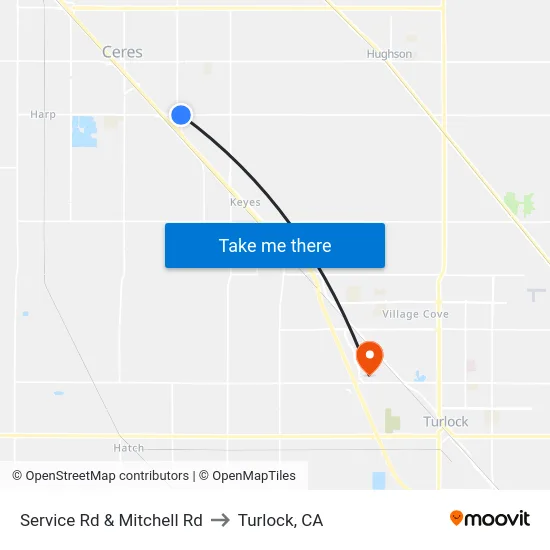 Service Rd & Mitchell Rd to Turlock, CA map