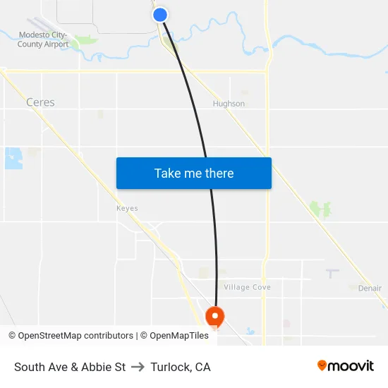 South Ave & Abbie St to Turlock, CA map