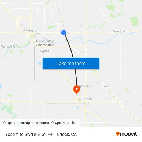 Yosemite Blvd & B St to Turlock, CA map