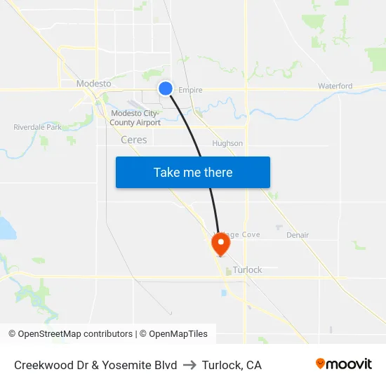 Creekwood Dr & Yosemite Blvd to Turlock, CA map