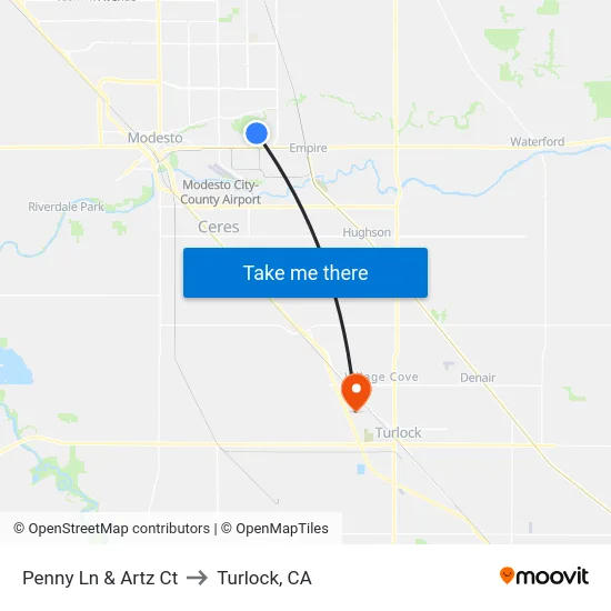 Penny Ln & Artz Ct to Turlock, CA map