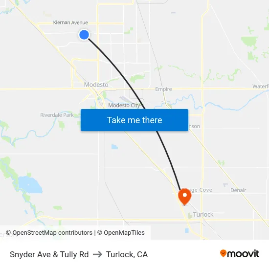Snyder Ave & Tully Rd to Turlock, CA map