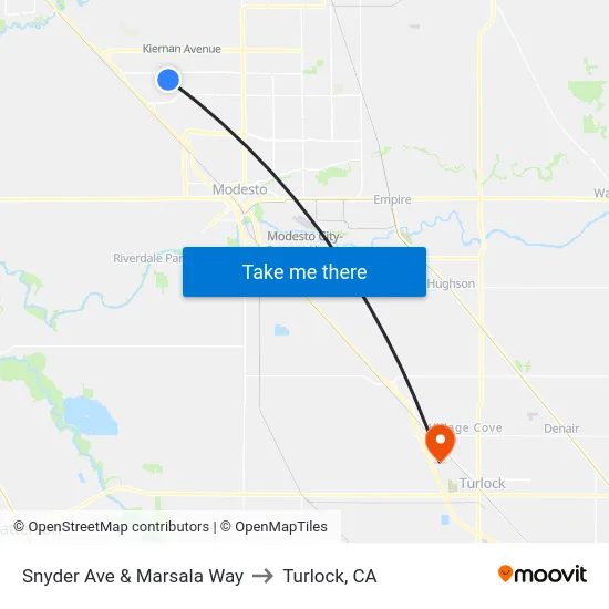 Snyder Ave & Marsala Way to Turlock, CA map