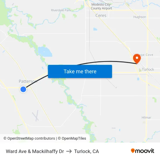 Ward Ave & Mackilhaffy Dr to Turlock, CA map