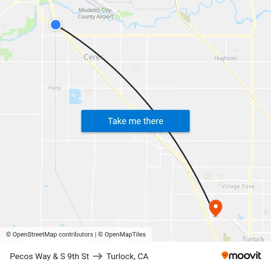 Pecos Way & S 9th St to Turlock, CA map