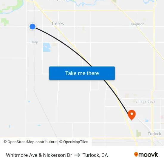 Whitmore Ave & Nickerson Dr to Turlock, CA map