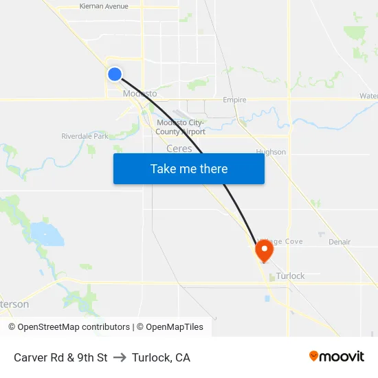 Carver Rd & 9th St to Turlock, CA map