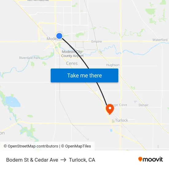Bodem St & Cedar Ave to Turlock, CA map