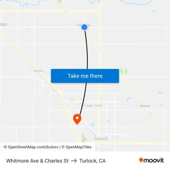 Whitmore Ave & Charles St to Turlock, CA map