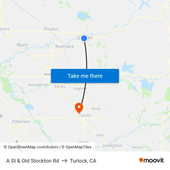 A St & Old Stockton Rd to Turlock, CA map