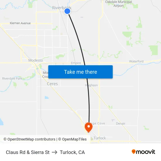 Claus Rd & Sierra St to Turlock, CA map