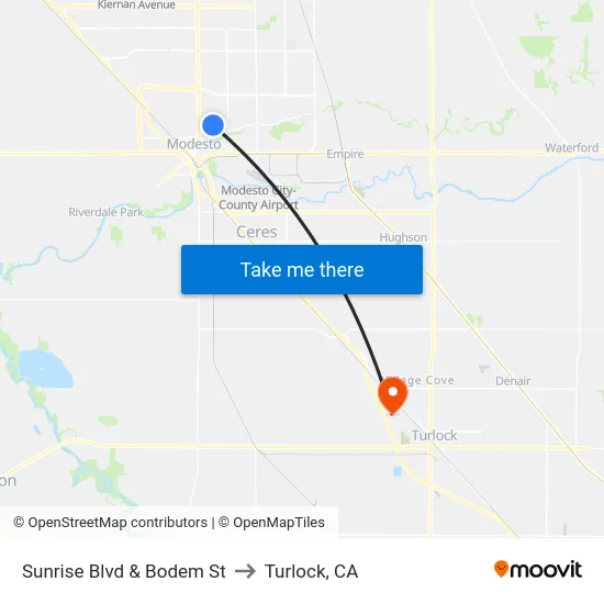 Sunrise Blvd & Bodem St to Turlock, CA map