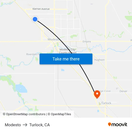 Modesto to Turlock, CA map