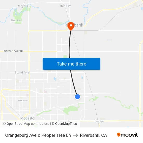 Orangeburg Ave & Pepper Tree Ln to Riverbank, CA map
