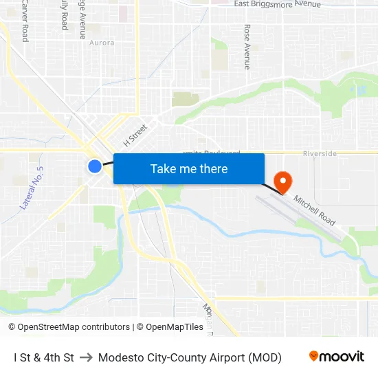 I St & 4th St to Modesto City-County Airport (MOD) map