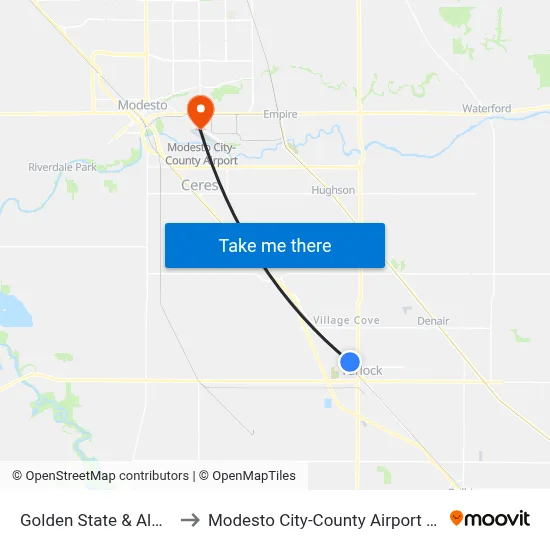 Golden State & Almond to Modesto City-County Airport (MOD) map
