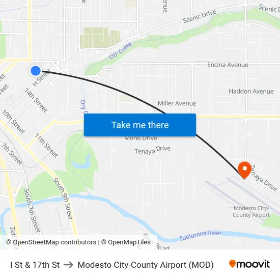 I St & 17th St to Modesto City-County Airport (MOD) map