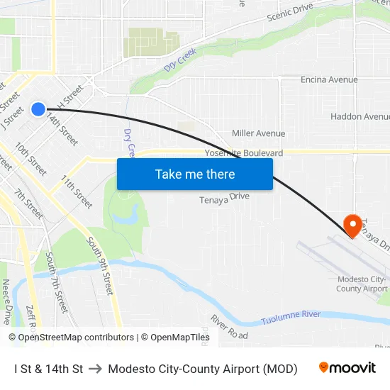 I St & 14th St to Modesto City-County Airport (MOD) map