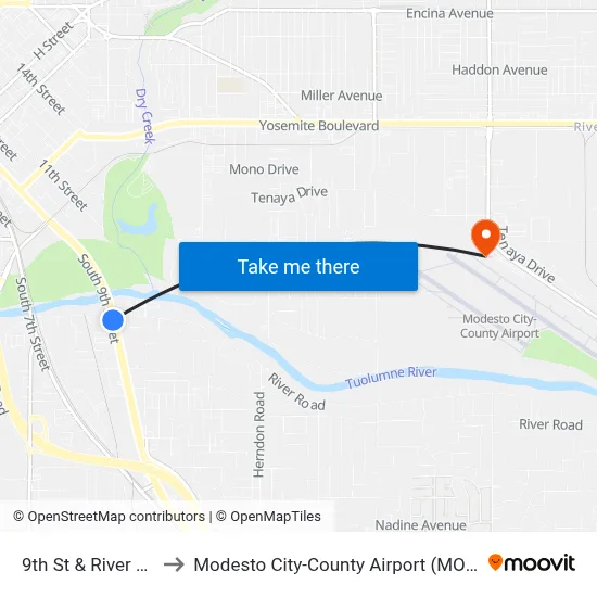 9th St & River Rd to Modesto City-County Airport (MOD) map