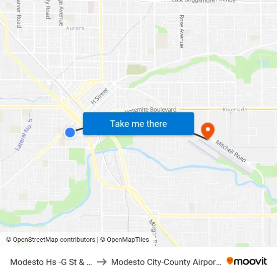 Modesto Hs -G St & 2nd St to Modesto City-County Airport (MOD) map