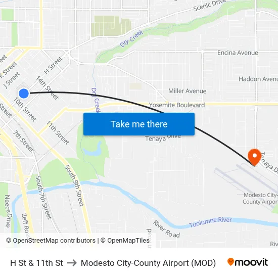 H St & 11th St to Modesto City-County Airport (MOD) map