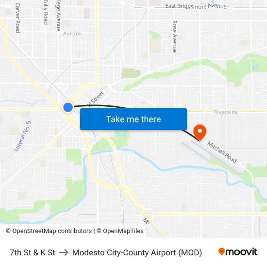 7th St & K St to Modesto City-County Airport (MOD) map