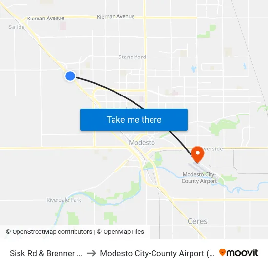 Sisk Rd & Brenner Way to Modesto City-County Airport (MOD) map