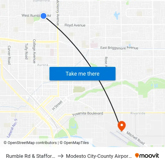 Rumble Rd & Stafford Way to Modesto City-County Airport (MOD) map