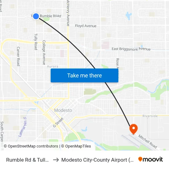 Rumble Rd & Tully Rd to Modesto City-County Airport (MOD) map