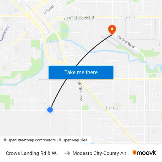 Crows Landing Rd & Whitmore Ave to Modesto City-County Airport (MOD) map