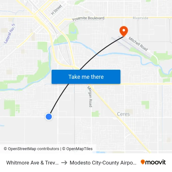Whitmore Ave & Trevose Dr to Modesto City-County Airport (MOD) map