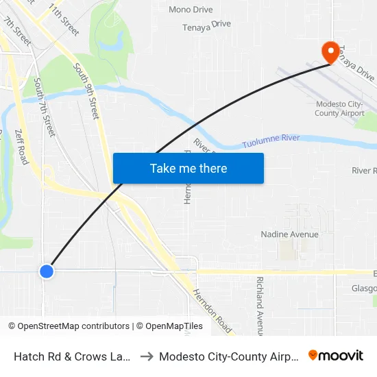 Hatch Rd & Crows Landing Rd to Modesto City-County Airport (MOD) map