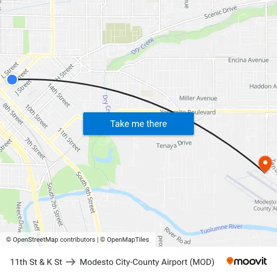 11th St & K St to Modesto City-County Airport (MOD) map