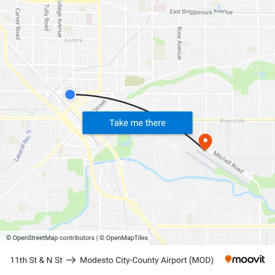 11th St & N St to Modesto City-County Airport (MOD) map