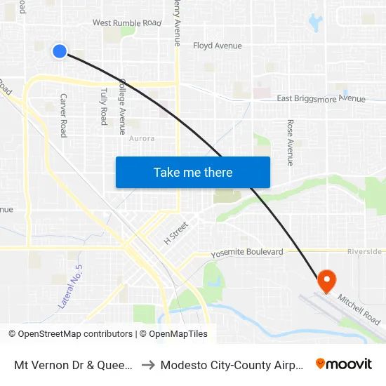 Mt Vernon Dr & Queenaire Ln to Modesto City-County Airport (MOD) map