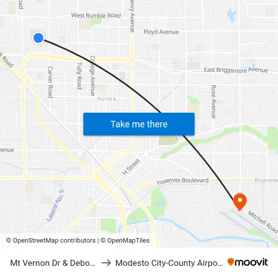 Mt Vernon Dr & Debonaire Dr to Modesto City-County Airport (MOD) map