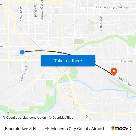 Emerald Ave & Elm Ave to Modesto City-County Airport (MOD) map