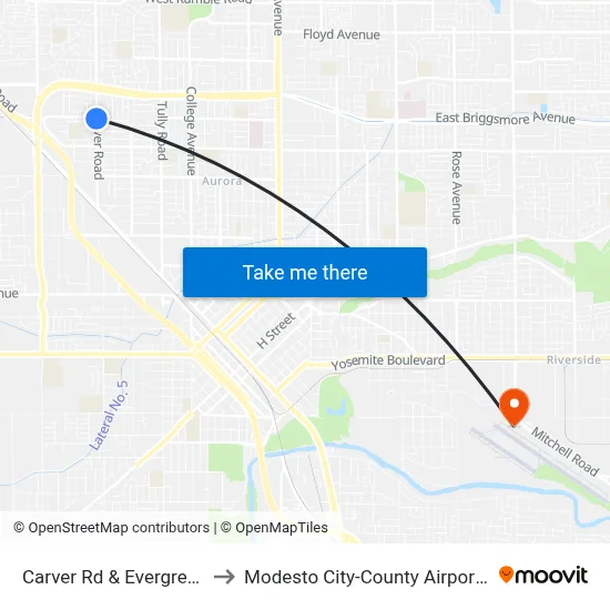 Carver Rd & Evergreen Ave to Modesto City-County Airport (MOD) map