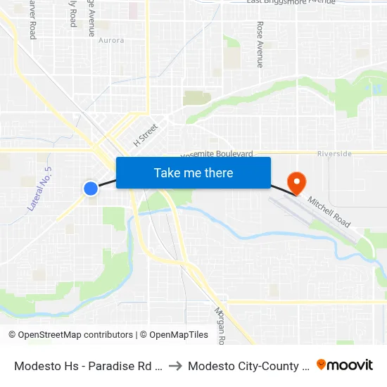 Modesto Hs - Paradise Rd & Washington St to Modesto City-County Airport (MOD) map