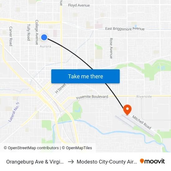 Orangeburg Ave & Virginia Corridor to Modesto City-County Airport (MOD) map