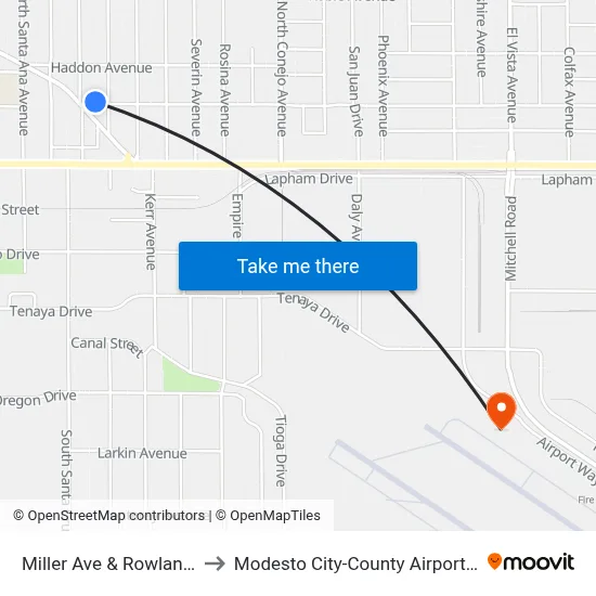 Miller Ave & Rowland Ave to Modesto City-County Airport (MOD) map