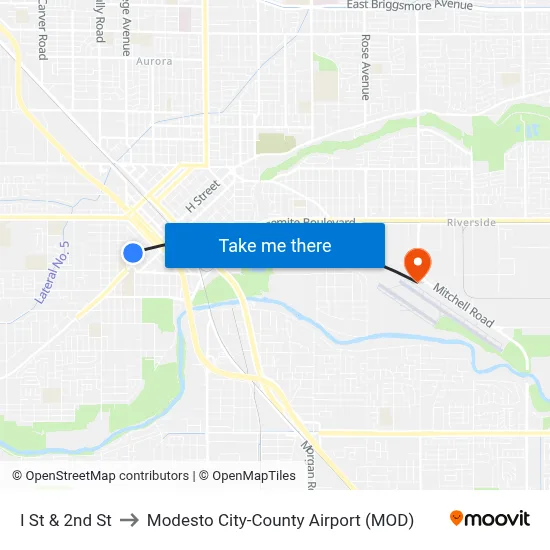 I St & 2nd St to Modesto City-County Airport (MOD) map