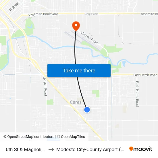 6th St & Magnolia St to Modesto City-County Airport (MOD) map