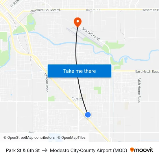 Park St & 6th St to Modesto City-County Airport (MOD) map