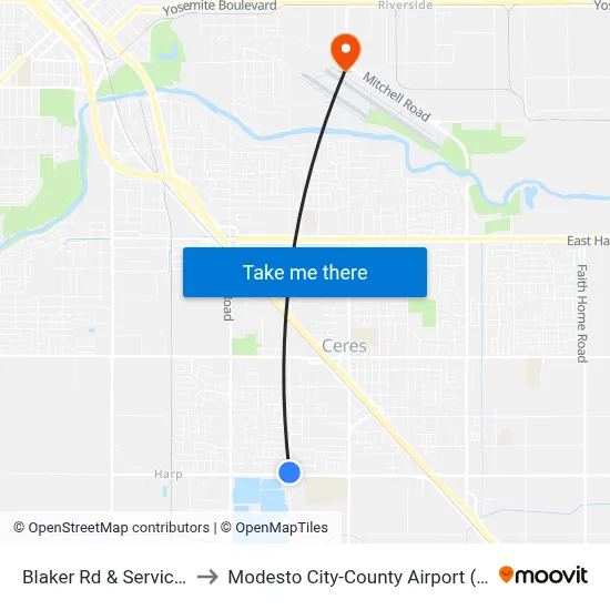 Blaker Rd & Service Rd to Modesto City-County Airport (MOD) map