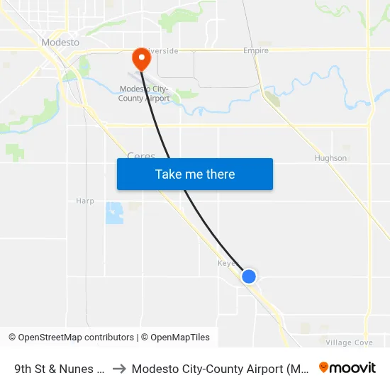 9th St & Nunes Rd to Modesto City-County Airport (MOD) map